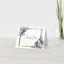 Carte De Remerciements Aquarelle rose et bleu fleurie avec cadre or