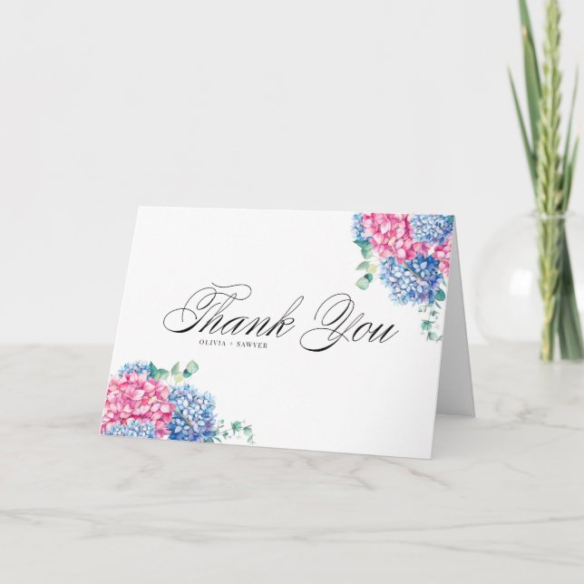 Carte De Remerciements Aquarelle rose et bleu Hydrangeas Mariage (Devant)