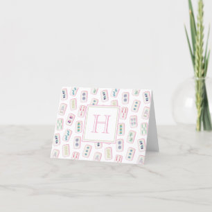 Carte De Remerciements Aquarelle rose et vert Mahjong Tiles Monogramme