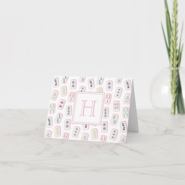 Carte De Remerciements Aquarelle rose et vert Mahjong Tiles Monogramme (Devant)