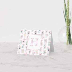 Carte De Remerciements Aquarelle rose et vert Mahjong Tiles Monogramme