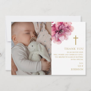 Carte De Remerciements Aquarelle rose Fleur Photo Baptême Christening