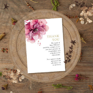 Carte De Remerciements Aquarelle Rose Floral Célébration De La Vie Funéra