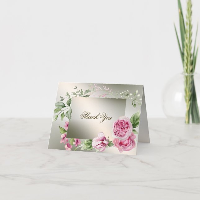 Carte De Remerciements Aquarelle rose Floral Frame Bronze brillant (Devant)