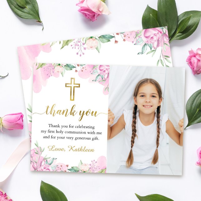 Carte De Remerciements Aquarelle rose Floral Première Sainte Communion Ph (Créateur téléchargé)