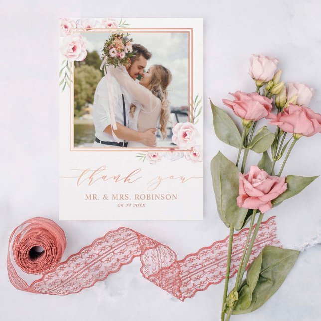 Carte De Remerciements Aquarelle rose Floral Rose or Mariage photo (Créateur téléchargé)