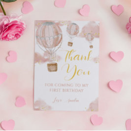 Carte De Remerciements Aquarelle rose Hot Air Balloon Girl Anniversaire
