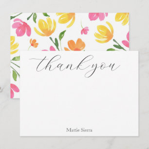 Carte De Remerciements Aquarelle rose jaune orange Motif de tiges florale