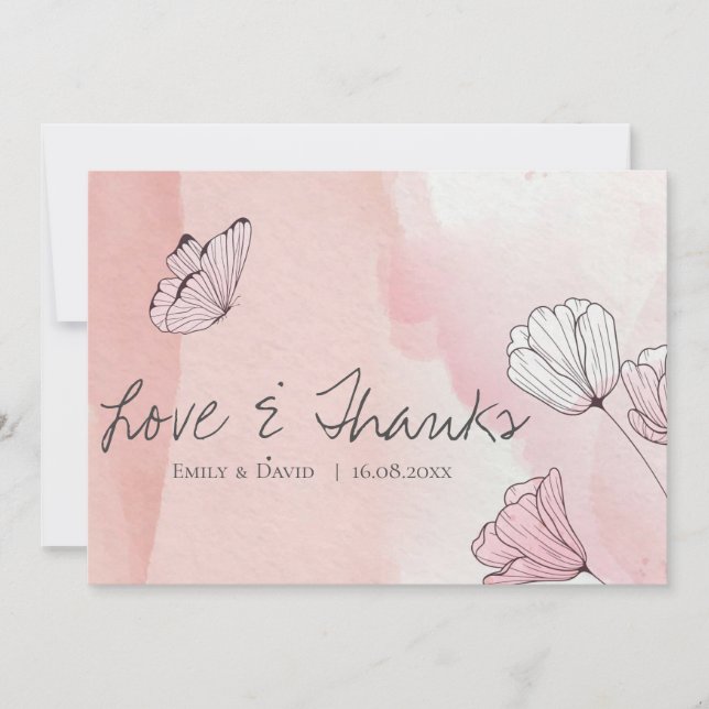 Carte De Remerciements Aquarelle rose mignonne Mariage papillon floral (Devant)