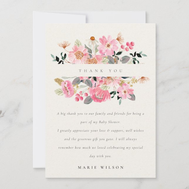 Carte De Remerciements Aquarelle rose pâle Baby shower Floral (Devant)