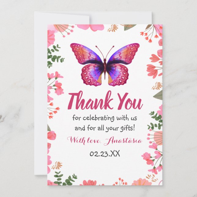 Carte De Remerciements Aquarelle rose papillon Cadre floral Anniversaire (Devant)