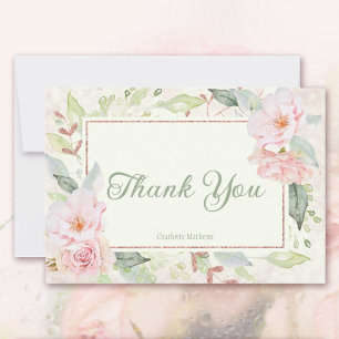 Carte De Remerciements Aquarelle rose Rose Sage Fête des mariées verte