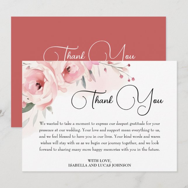 Carte De Remerciements Aquarelle rose Roses Mariage (Devant / Derrière)