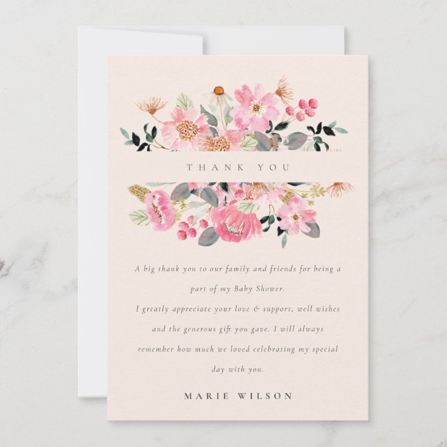 Carte De Remerciements Aquarelle rose vif Baby shower floral (Devant)