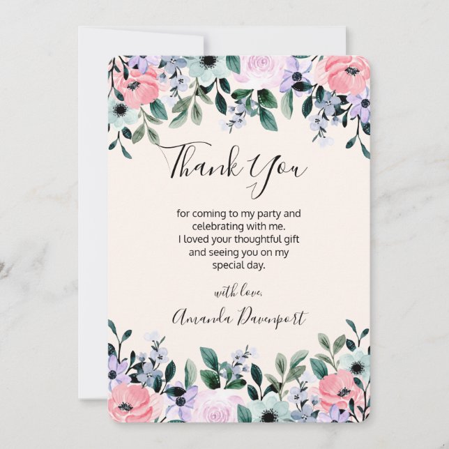 Carte De Remerciements Aquarelle rose violet vert à la frontière florale (Devant)