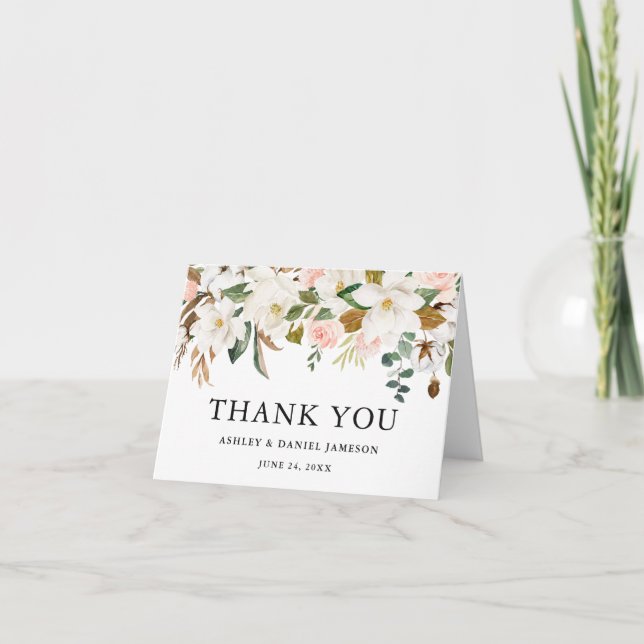 Carte De Remerciements Aquarelle Roses roses blanches Magnolias Mariage N (Devant)