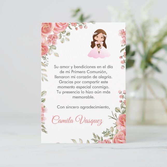 Carte De Remerciements Aquarelle Roses roses mignonnes Première communion (Debout devant)