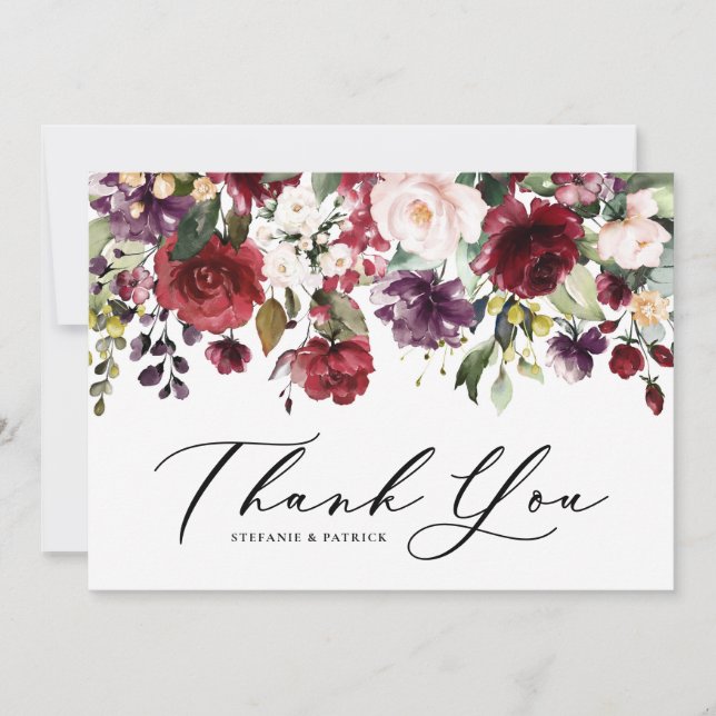 Carte De Remerciements Aquarelle rouge et violet Mariage de la plaine (Devant)