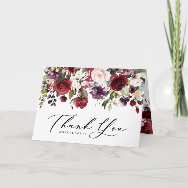 Carte De Remerciements Aquarelle rouge et violet Mariage de la plaine (Devant)