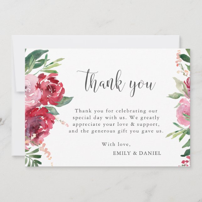 Carte De Remerciements Aquarelle rouge rose rose bleu vert botanique (Devant)