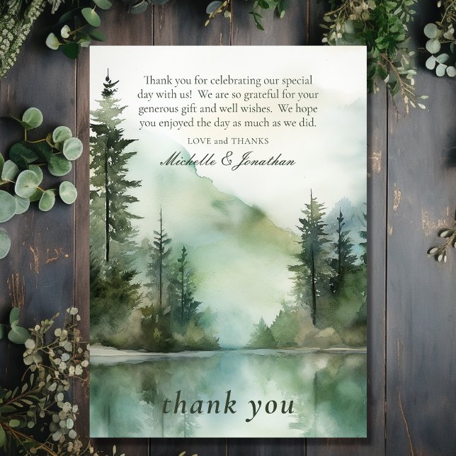 Carte De Remerciements Aquarelle Rustic Mountain Lake Mariage forestier (Front - Watercolor Rustic Mountain Lake Forest Wedding Thank You Card)