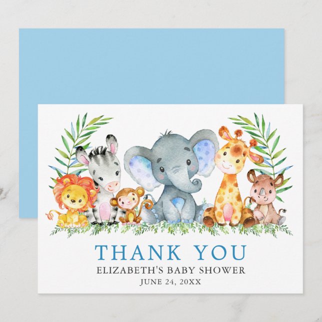 Carte De Remerciements Aquarelle Safari Animaux Baby shower bleu clair (Devant / Derrière)