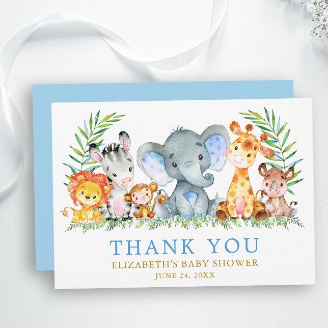 Carte De Remerciements Aquarelle Safari Animaux Baby shower Blue Gold (Customize to change text color, size, text style, add text to back or change color of back of card.)