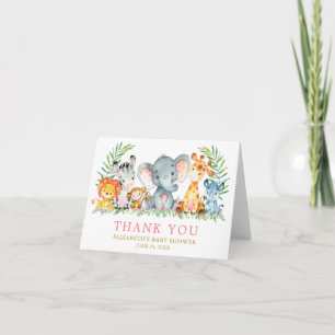 Carte De Remerciements Aquarelle Safari Animaux Baby shower d'or rose
