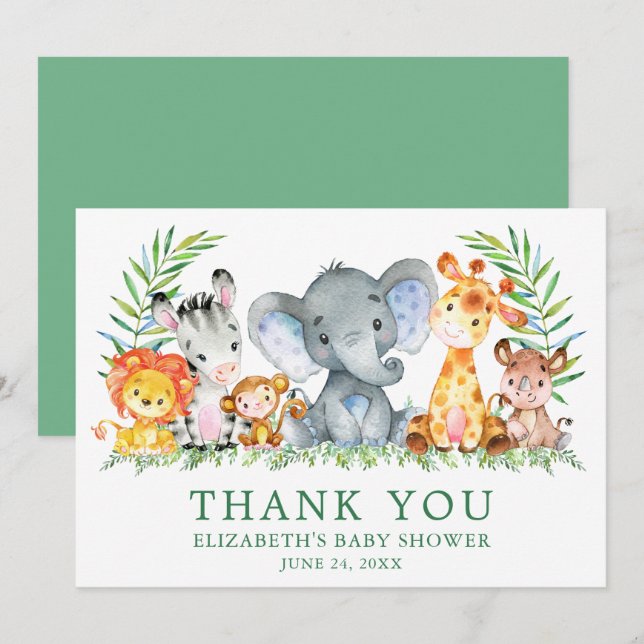 Carte De Remerciements Aquarelle Safari Animaux Baby shower Vert (Devant / Derrière)
