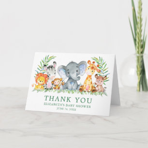 Carte De Remerciements Aquarelle Safari Animaux Baby shower Vert Plier