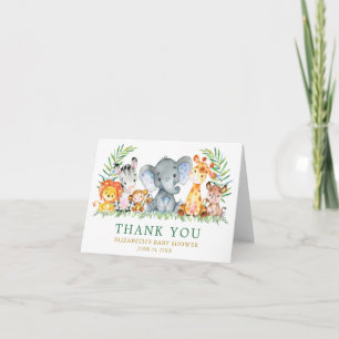 Carte De Remerciements Aquarelle Safari Animaux Green Baby shower Note