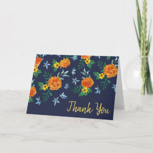Carte De Remerciements Aquarelle Simple Marigold Fleurs Midnight Blue