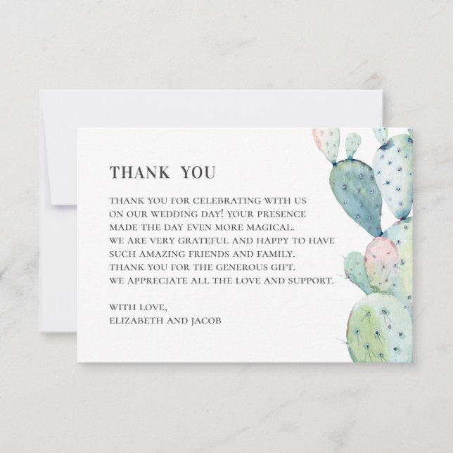 Carte De Remerciements Aquarelle succulente. Mariage cactus. Botanique (Devant)