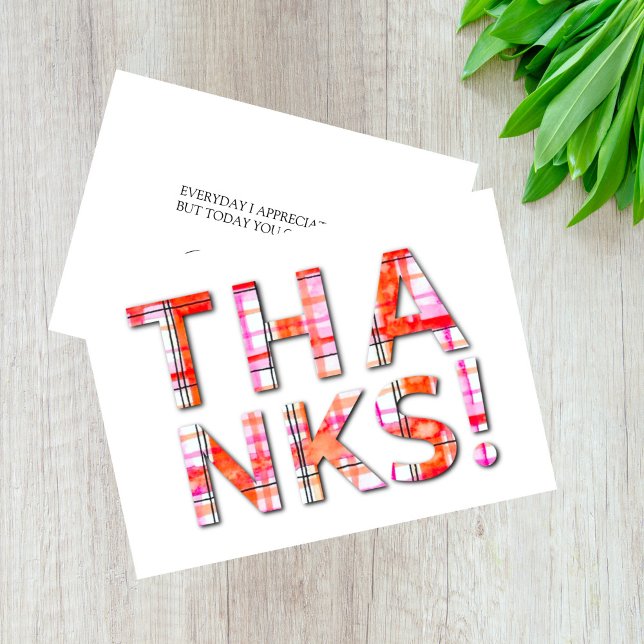 Carte De Remerciements Aquarelle Tartan Plaid Pink Oranges Motif (Pink and Orange Watercolor Tartan Thank you Card)