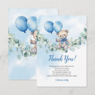 Carte De Remerciements Aquarelle Teddy Bear Bleu et Baby shower de ballon