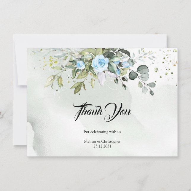 Carte De Remerciements Aquarelle tendance Fleurs bleues glacées Eucalyptu (Devant)
