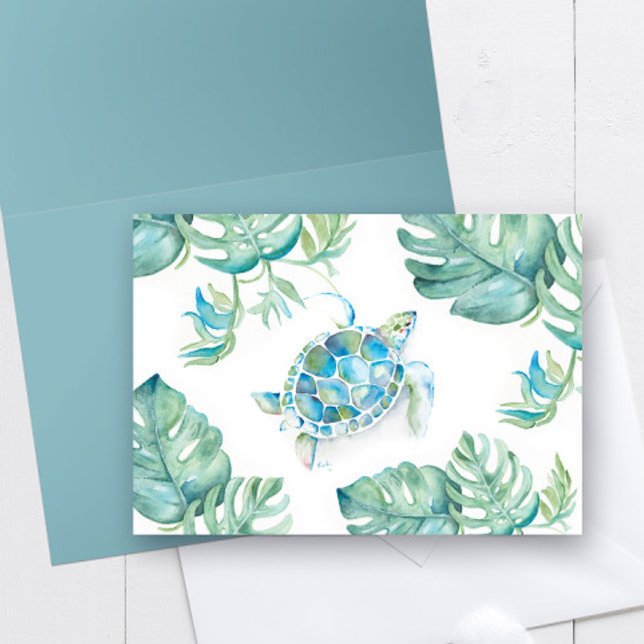 Carte De Remerciements Aquarelle Tortue de mer avec Monstera Palm Feuille (Tropical thank you notes features watercolor sea turtle and Palm Leaf art by Victoria Grigaliunas)