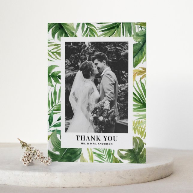 Carte De Remerciements Aquarelle Tropical Green Frame Photo Mariage (Créateur téléchargé)