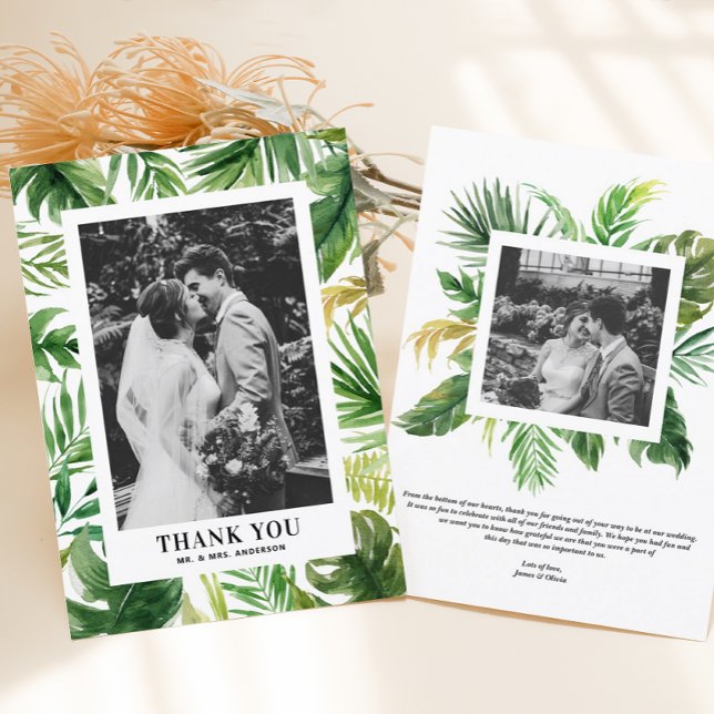 Carte De Remerciements Aquarelle Tropical Green Frame Photo Mariage (Créateur téléchargé)