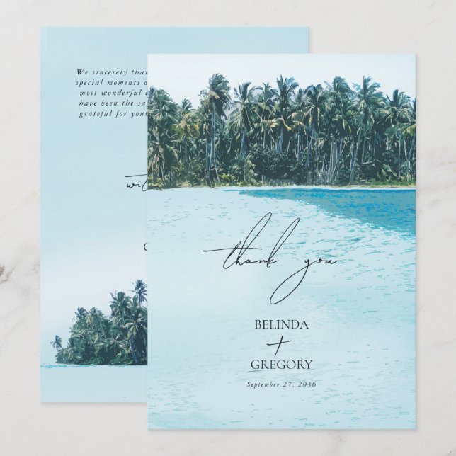 Carte De Remerciements Aquarelle tropicale Palms & Mariage de plage (Devant / Derrière)