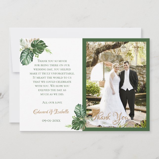 Carte De Remerciements Aquarelle tropicale Vert Palm Feuille Mariage (Devant)