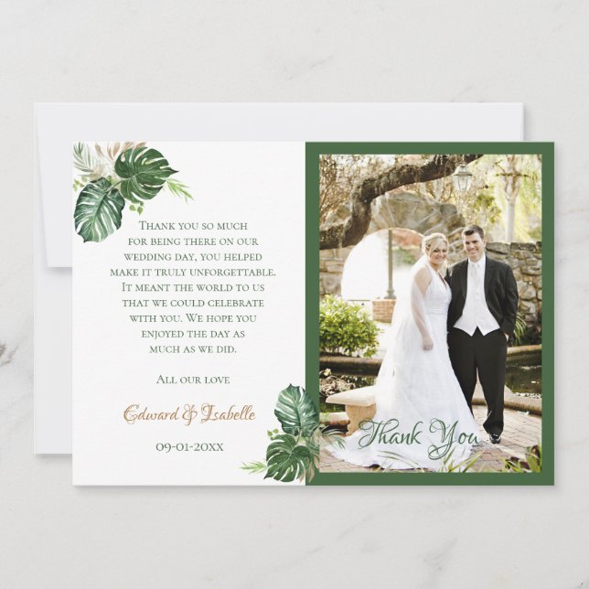 Carte De Remerciements Aquarelle tropicale Vert Palm Feuille Mariage (Devant)