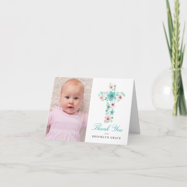 Carte De Remerciements Aquarelle Turquoise et rose Fleur Croix Baptême ph (Devant)