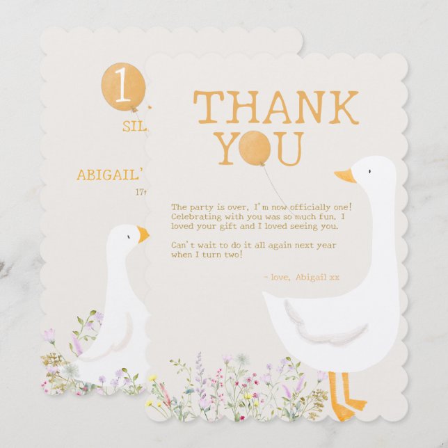 Carte De Remerciements Aquarelle Une oie soie Fleur sauvage 1er anniversa (Devant / Derrière)