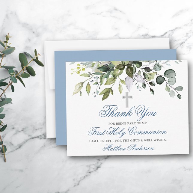 Carte De Remerciements Aquarelle Verdure Dusty Blue Communion (Customize to change text color, style, size, add more text to back or change color of back of card.)
