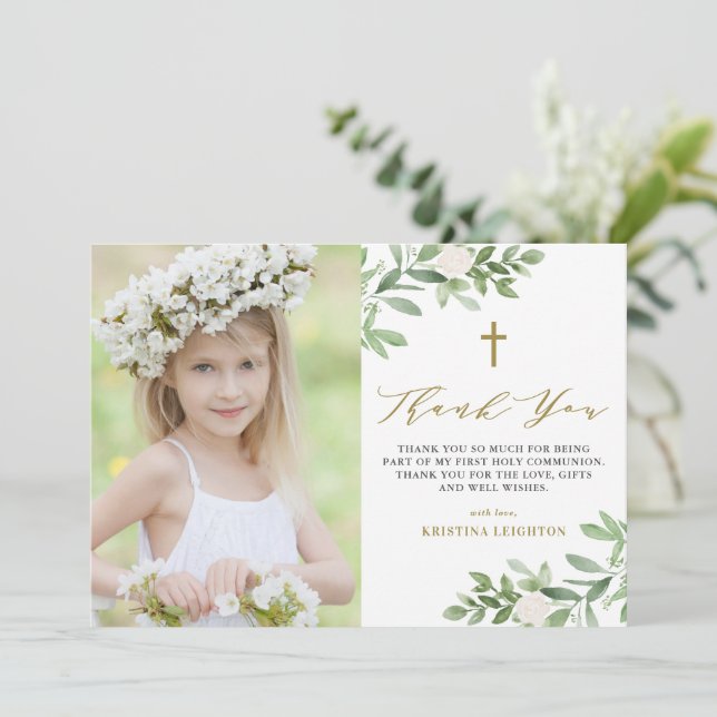 Carte De Remerciements Aquarelle Verdure et fleurs Première communion (Debout devant)