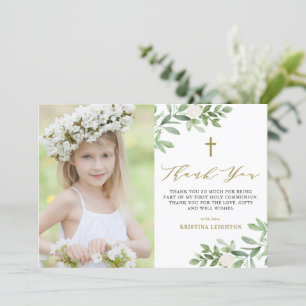 Carte De Remerciements Aquarelle Verdure et fleurs Première communion