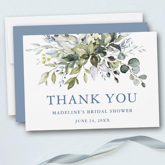 Carte De Remerciements Aquarelle Verdure Fête des mariées bleu Dusty (Customize to change text color, style, add text & photos to back or change color of back of card.)
