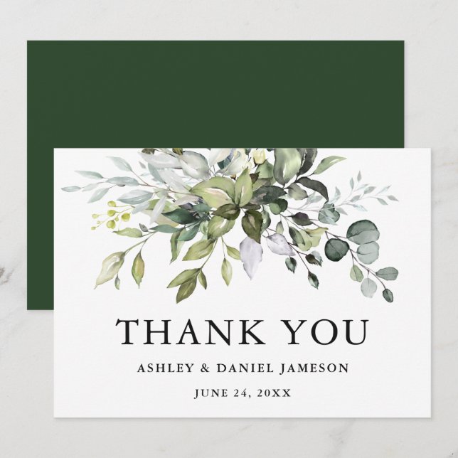Carte De Remerciements Aquarelle Verdure Moderne Mariage élégant (Devant / Derrière)