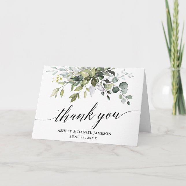 Carte De Remerciements Aquarelle Vert Calligraphie Mariage Plier (Devant)